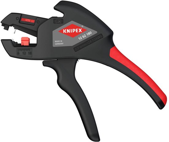 Zwarte automatische kabelstripper met rode grip. Knipex logo en specificaties op de behuizing.