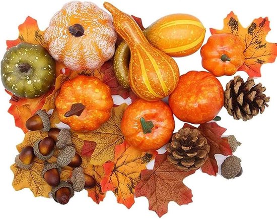 Citrouille artificielle - Ensemble de décoration 50 pièces - Feuilles d'érable artificielles, pommes de pin, glands et citrouille - pour l'automne et Halloween