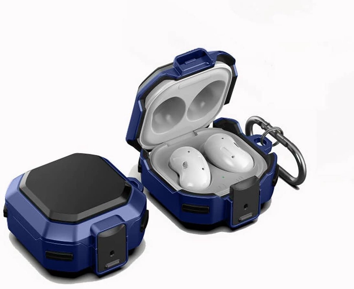 Set van twee, Geschikt voorSamsung Galaxy Buds Live / Buds2 / Buds Pro / Buds2 Pro oortelefoonhoesje, gemaakt van duurzaam TPU- en pc-materiaal, met karabijnhaak, krasbestendig, slagvast, veiligheidsslotontwerp - zwart en blauw