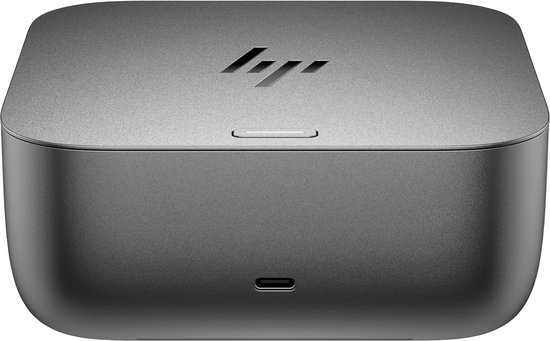 Zilverkleurige HP dockingstation met logo en USB-C poort aan de voorkant.