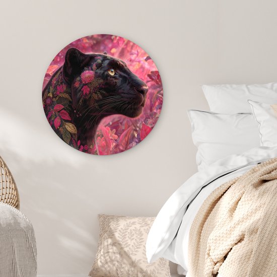 WallCircle® Wandcirkel 60x60 cm - Muurcirkel Luipaard - Bloemen - Roze - Muurdecoratie woonkamer - Wanddecoratie slaapkamer - Kamer decoratie accessoires - Ronde schilderijen