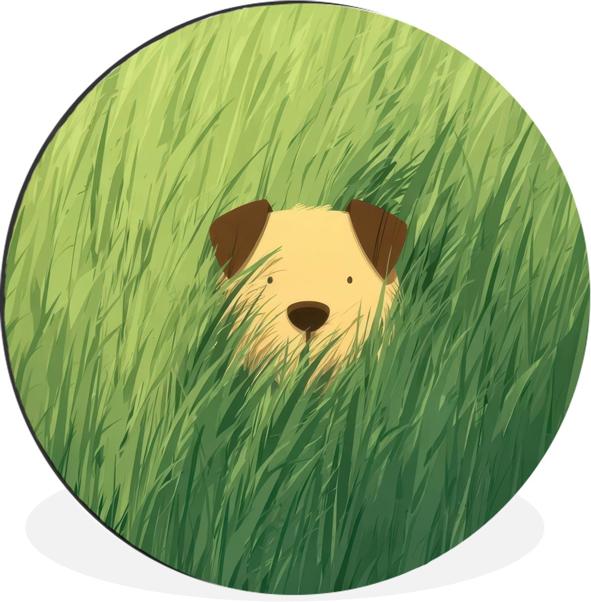WallCircle Wandcirkel - Muurcirkel - Hondje - Gras - Oren - Bruin - Aluminium - Dibond - 90x90 cm - Binnen en Buiten