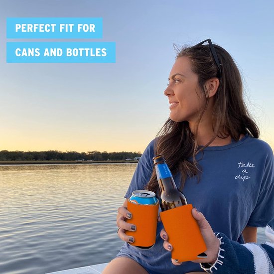 Blikjeskoeler - Set van 2 - Bierblik Hoesje - Neopreen - Flessenkoeler - Extra Dikke Geïsoleerde Hoes - Frisdrank Blik Koelhoud Hoesje - Herbruikbaar - voor Thuiskantoor, Bar, Verjaardag, Bruiloften, Feestgeschenken - 9.5*12.5cm - Zwart+Oranje — afbeelding 4
