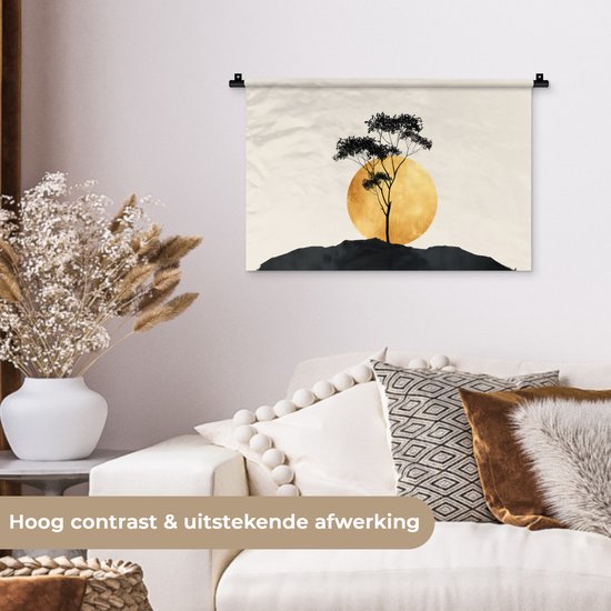 Wandkleed 60x40 cm - Wanddoek Zwarte boom - Gouden cirkel - Heuvel - Wandtapijt - Wandkleden