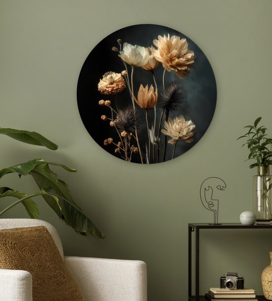WallCircle® Cercle Mural 60x60 cm - Cercle Mural Bouquet - Fleurs - Clair - Zwart - Décoration murale salon - Décoration murale chambre - Accessoires de décoration de chambre - Tableaux ronds