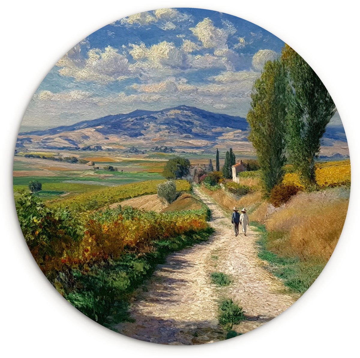 WallCircle Wandcirkel 60x60 cm - Muurcirkel Mensen - Wandelen - Zandpad - Velden - Muurdecoratie woonkamer - Wanddecoratie slaapkamer - Kamer decoratie accessoires - Ronde schilderijen Zandpad - Velden - Bergen