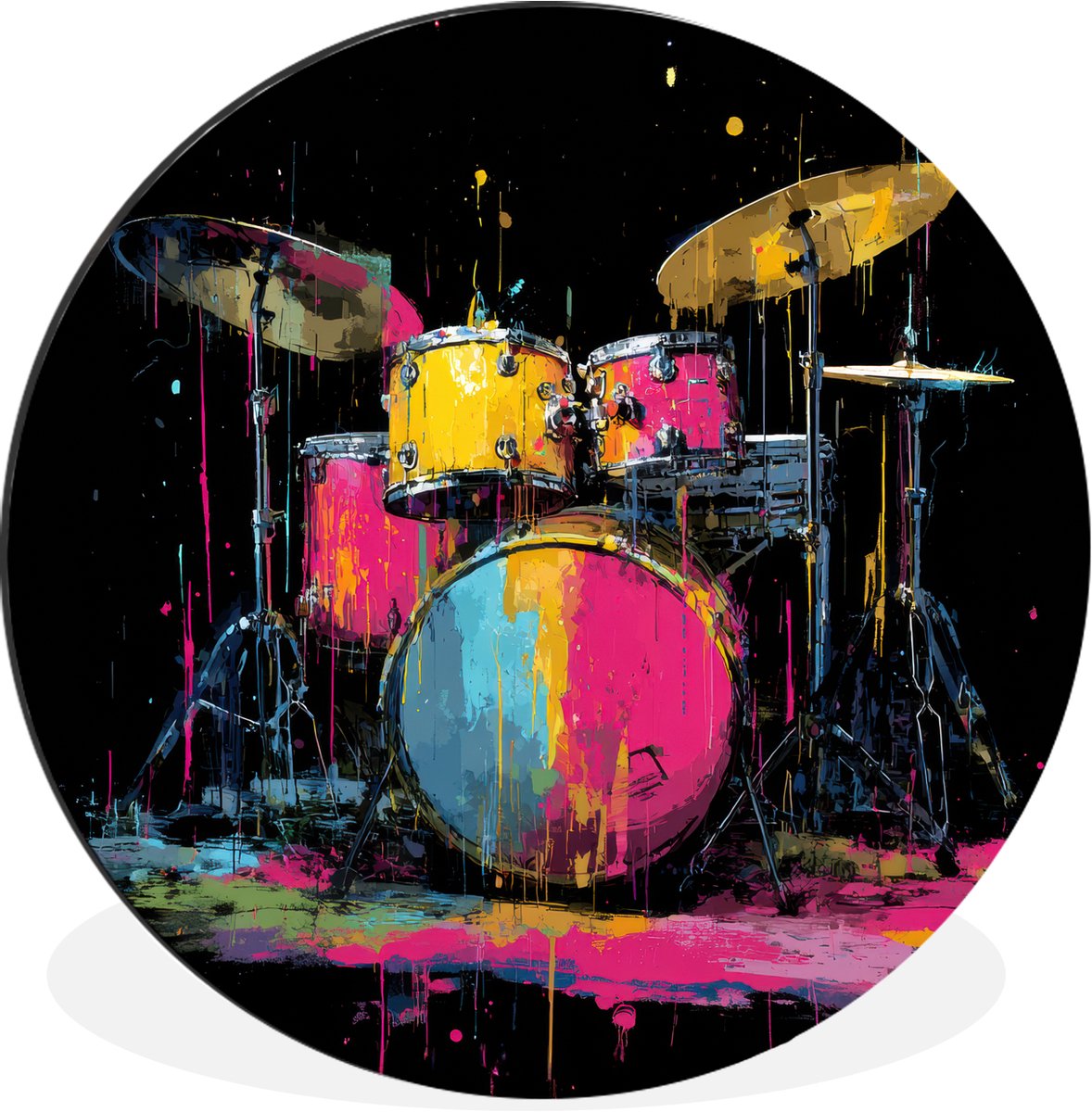 WallCircle - Wandcirkel - Muurcirkel - Drumstel - Kleurrijk - Verf - Levendig - Aluminium - Dibond - 30x30 cm - Binnen en Buiten