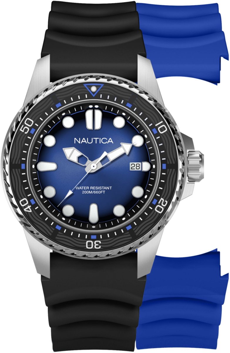 Nautica Nct Sea Dive Quartz Analoog Horloge Zwart Material 100% Roestvrij Staal 100% Siliconaarmband 47 mm NAPSDF503, NAPSDF504