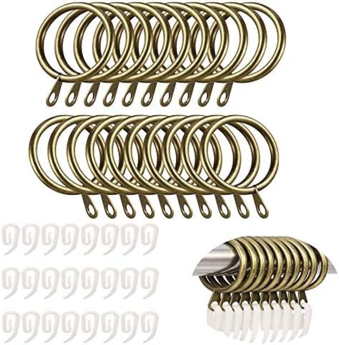 24 stuks metalen gordijnringen met clips set - 30 mm gordijnringen met haak - Roestvrije messing ringen voor gordijnen - Raamdecoratie accessoires