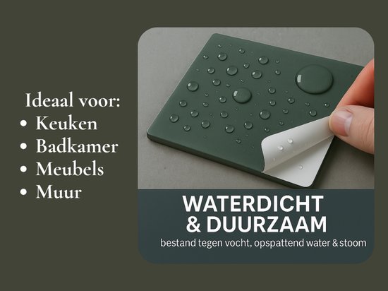 Un autocollant adhésif vert et imperméable avec des gouttes d'eau, en cours de retrait. Le texte indique 'IMPERMÉABLE & DURABLE'.