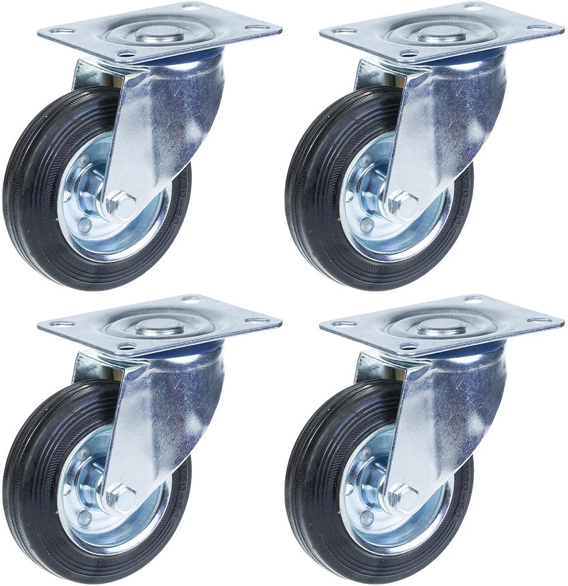 100 mm (4") rubberen zwenkwiel, draaibaar, met een draagvermogen van 360 kg, set van 4