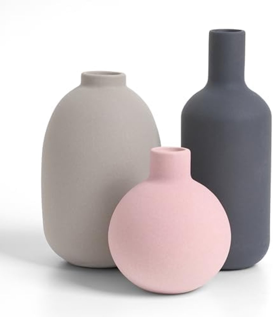 PromoHome Keramische Vazen Set [3 Stuks] - Moderne Decoratieve Vazen voor Huisdecoratie - Neutrale Minimalistische Woonkamer Decor - Rechte, Ovale en Ronde Mat Vazen - Grijze Kleur Grijs