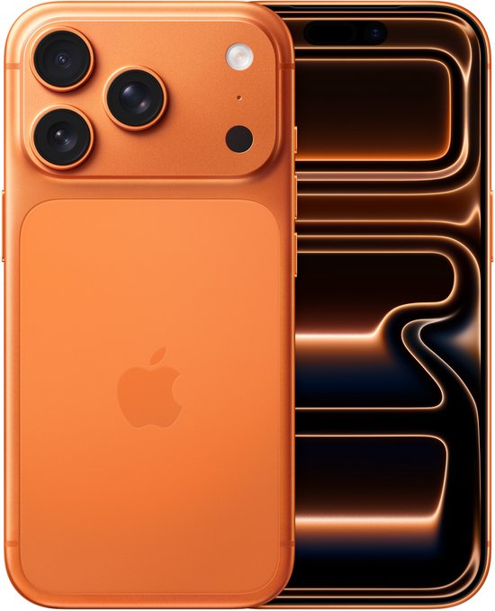 Oranje iPhone met drie camera's op de achterkant en een Apple logo.