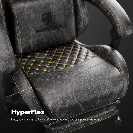 Grijze zitting van een gamestoel met ruitvormig stiksel en gele draad. Gemaakt van 'HyperFlex' materiaal.