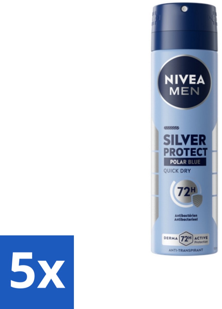 5 x Nivea - Men - Deodorant - Spray - Silver Protect Polar Blue - 150 ml - Deodorant Spray - Zilverionen - 72 Uur Bescherming - Anti-transpirant - Zweetgeur