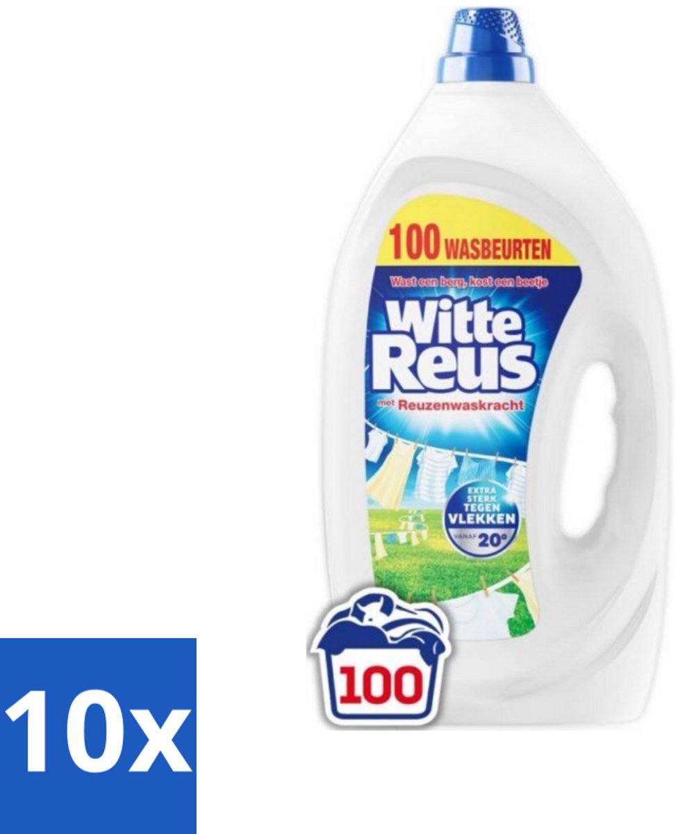10 x Witte Reus Wasmiddel Gel 100 Wasbeurten 4,5 liter - Wasmiddel Gel - Witte Was - Vlekken Verwijderen - Koud Water Wassen - Energiezuinig Wassen