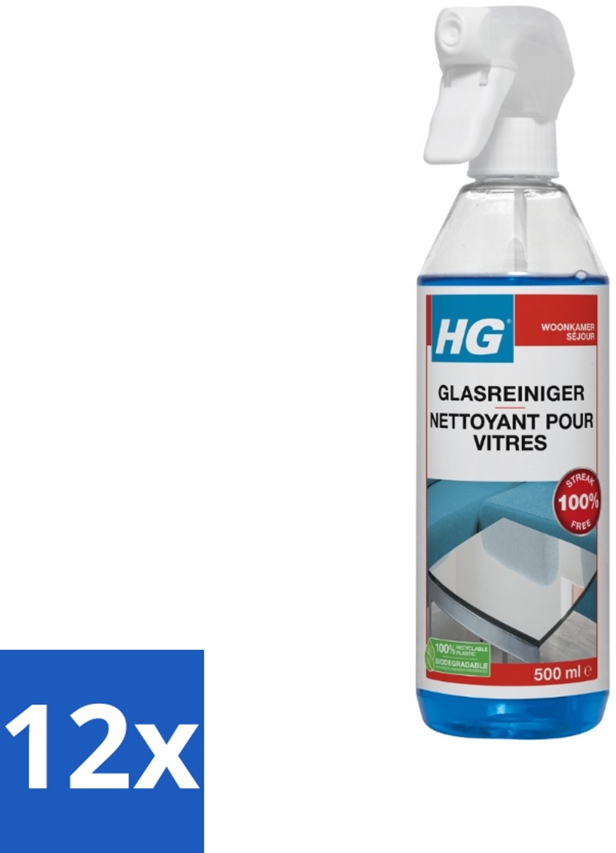 12 x HG Glasreiniger 500 ml - Glasreiniger - Streeploos Schoon - Ramen Schoonmaken - Spiegels Schoonmaken - HG Glasreiniger