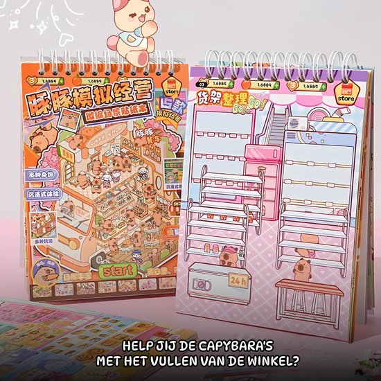 Openklapbaar stickerboek met illustraties van capybara's in een winkelomgeving. Oranje en roze tinten. Rechts een illustratie van een winkelinterieur met schappen.