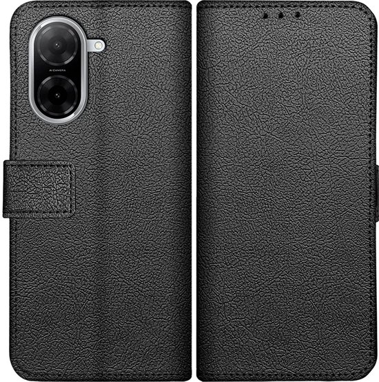 Étui portefeuille noir ouvert, avec fentes pour cartes et support de téléphone.