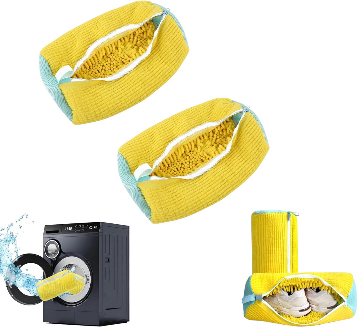 2-pack - Wasmachine- en droger-schoenreinigingszakken - Multifunctionele schoenwaszak - Schoenreinigingszak - Geel - Reinigt witte schoenen 360° - Past op alle schoenmaten en -typen