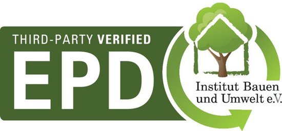 EPD-logo met boom, huis, pijlen en tekst "THIRD-PARTY VERIFIED EPD Institut Bauen und Umwelt e.V."