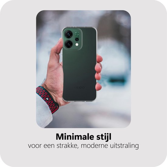 Une main tenant la coque Oppo Reno14 fine et transparente pour un look minimaliste et moderne.