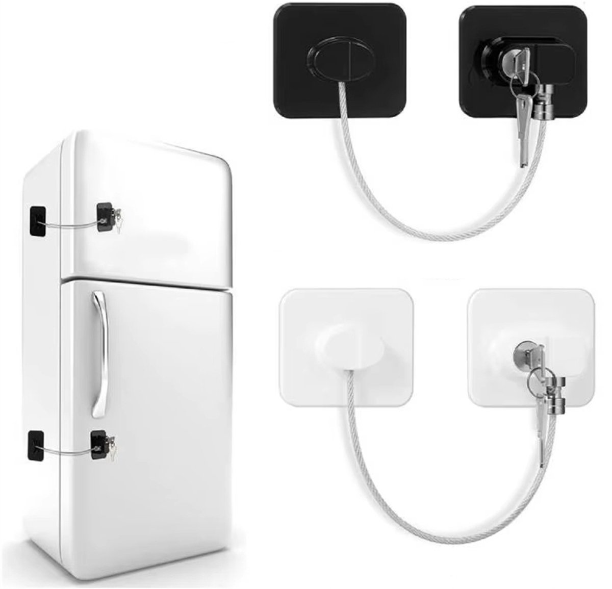 Image of 2 stuks koelkastslot, babyveiligheidsdeur- en raamsloten, koelkastsloten met 2 sleutels, kinderveiligheidssloten voor koelkast, kast, lades, ramen en deuren, met zelfklevende achterkant, zonder boren, Zwart + Wit