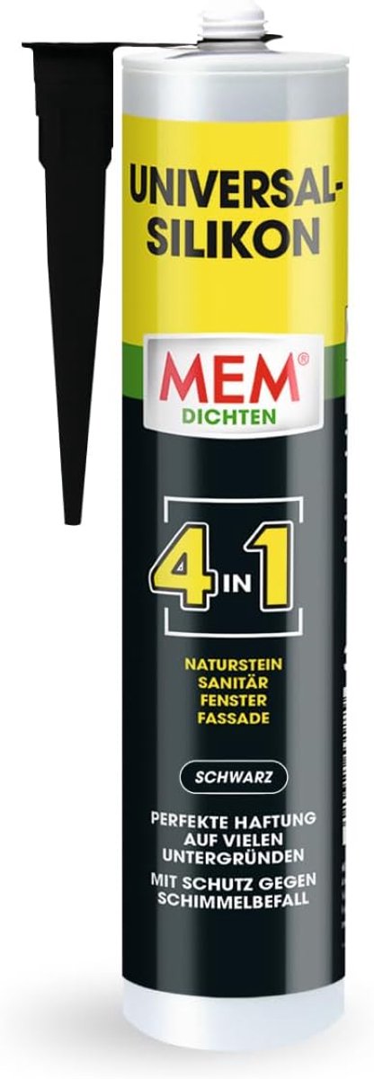 MEM Universal Silicone 4-in-1, siliconenkit voor talrijke ondergronden, voor binnen en buiten, UV- en weerbestendig, gebruiksklaar, oplosmiddelvrij, 300 ml koker, wit