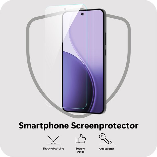 Smartphone screenprotector met schokabsorberende, eenvoudige installatie en anti-kras functies, weergegeven op een smartphone met schild-icoon.