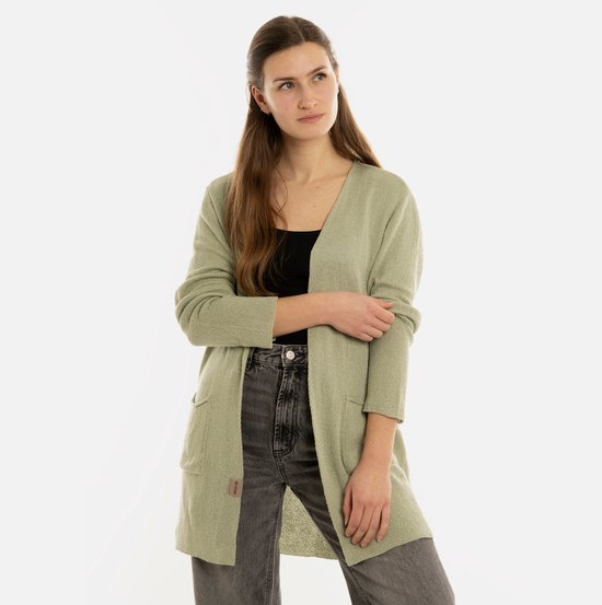 Cardigan long tricoté Ella de Knit Factory - Cardigan tricoté pour femme - Cardigan long au-dessus du genou - Cardigan Zwart pour femme composé de 30 % de laine et 70 % d'acrylique - Vert Sage - 40/42