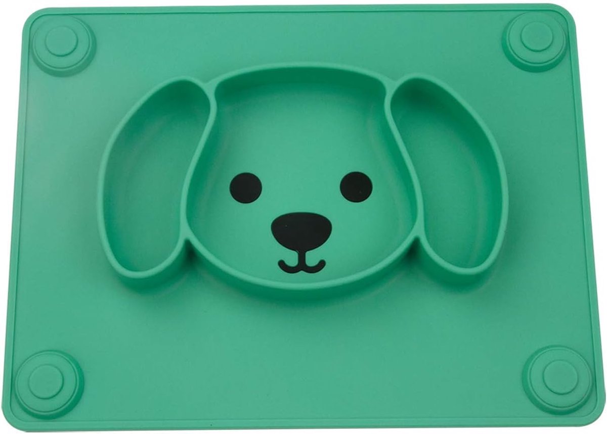 Cuhostki 1 Piece Baby Silicone Plate - Non-Slip - BPA-Free - Green with Cow Design