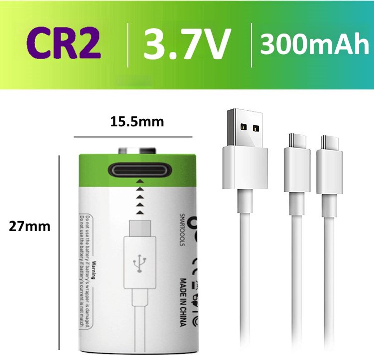 Oplaadbare Li-ion CR2 Batterijen 3.7V - USB-C - 300 mAh - Duurzame Keuze - Lithium CR2 batterij accu - 2 stuks
