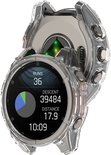 Transparante TPU-hoes om een Garmin Fenix smartwatch, zicht op achterkant en scherm met sportgegevens.