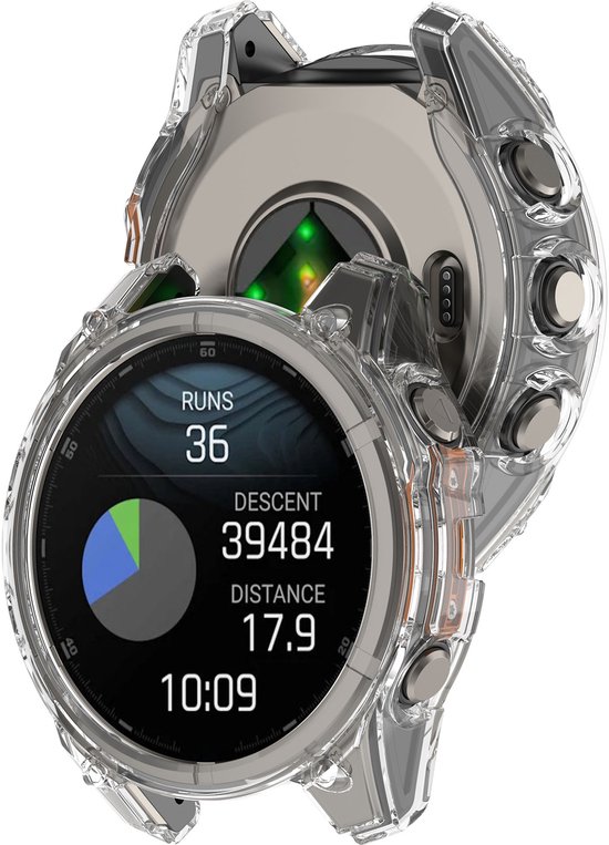 Transparante TPU-hoes om een Garmin Fenix smartwatch, zicht op achterkant en scherm met sportgegevens.