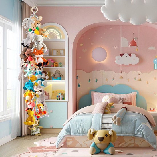 2 stuks - Pluche dierenhangmathoek - 2m pluche dierenopbergrek - Voor knuffels - Voor babykamerdecoratie - Hangend pluche dierenroosterrek - Voor muur of hoek - Bevat 40 clips — afbeelding 3