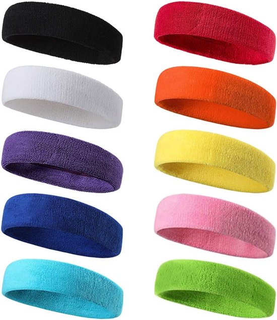 10-pack - Hoofdbanden voor heren en dames - Zweetabsorberende sportbanden - Elastische katoenen hoofdbanden voor het voorhoofd - Geschikt voor hardlopen, fitness, voetbal, basketbal en andere spellen