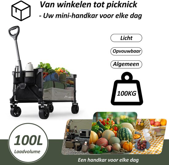 CALIYO Bolderkar Opvouwbaar - Bolderwagen 100L - Draaibare wielen mét rem - Verstelbare hendel - Inklapbare Bolderwagen - Compact - Zwart — afbeelding 3