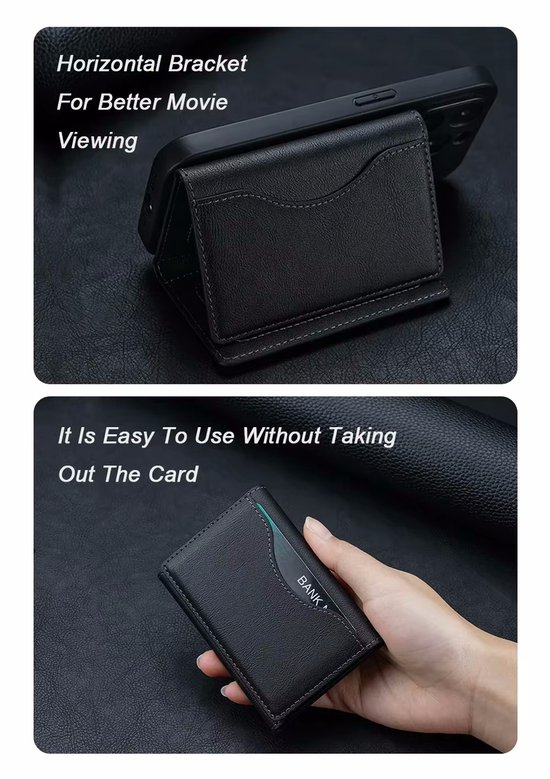 Zwarte leren kaarthouder voor telefoon, liggend als beugel. Een andere afbeelding toont een kaart die gemakkelijk uit te nemen is.