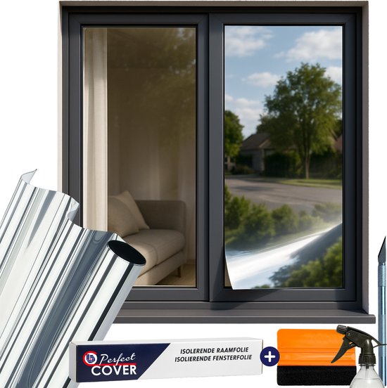 Film réfléchissant pour fenêtre Perfect Cover® HR++ - 75 x 200 cm - Avec raclette et lame - Effet miroir - Film isolant et occultant - Réfléchissant la chaleur et anti-regards - Argent