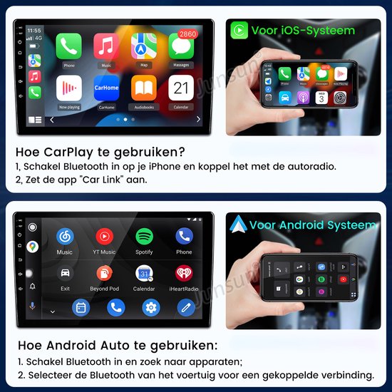 Gedetailleerde uitleg voor het gebruik van Apple CarPlay en Android Auto op autoradio's.