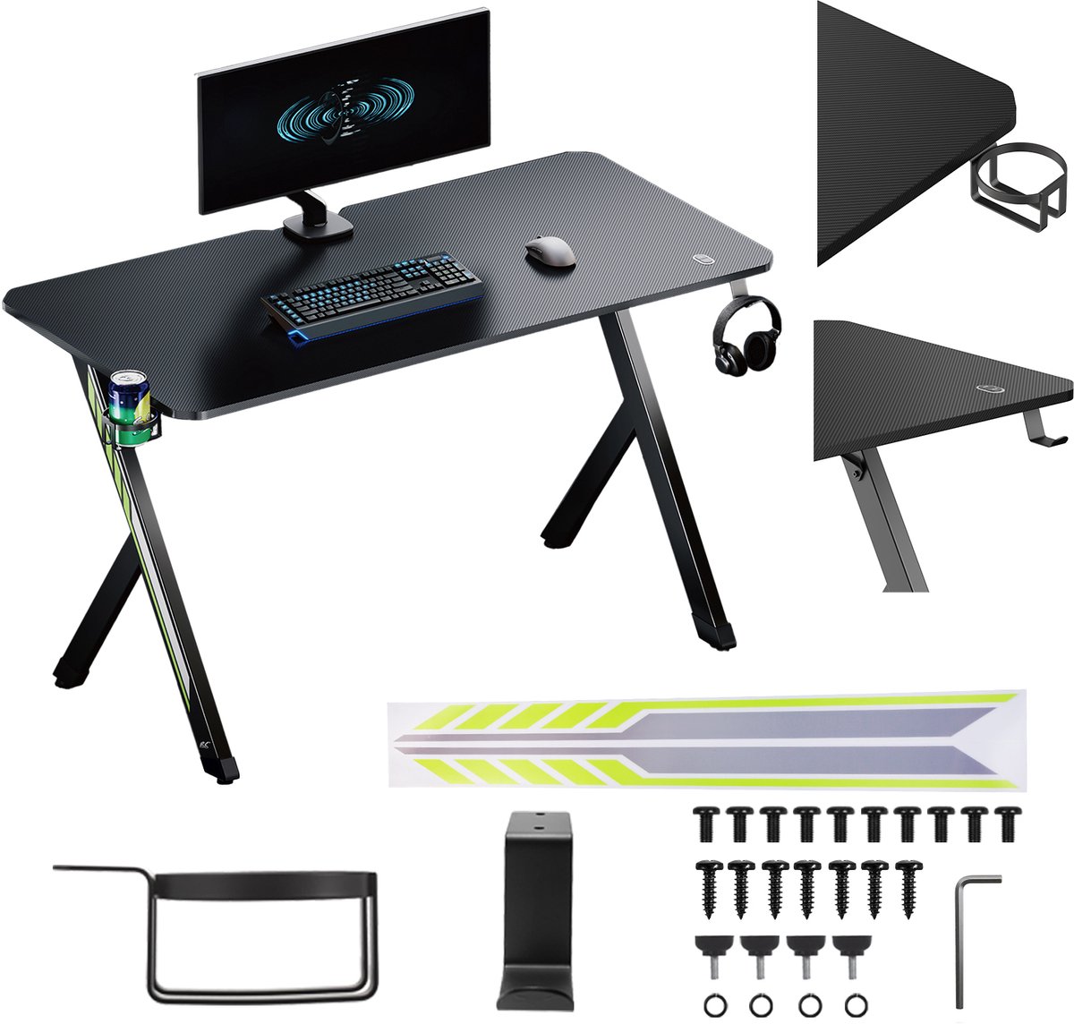 NanoRS RS101 - Gaming bureau - Houder voor koptelefoon en beker - max. 75kg - 120x60x75 cm - Zwart
