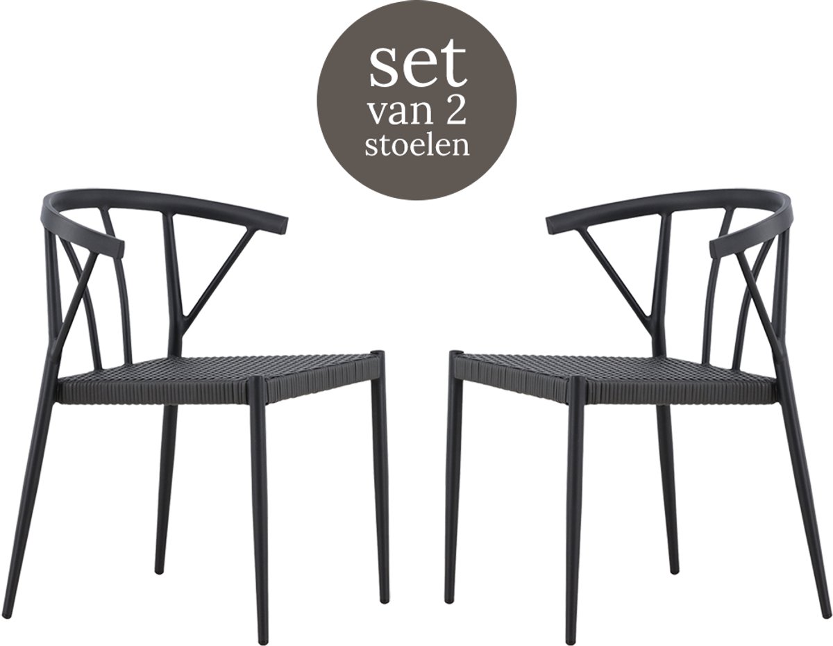 Nest outdoor Julian aluminium tuinstoel zwart - met rattan zitting - set van 2