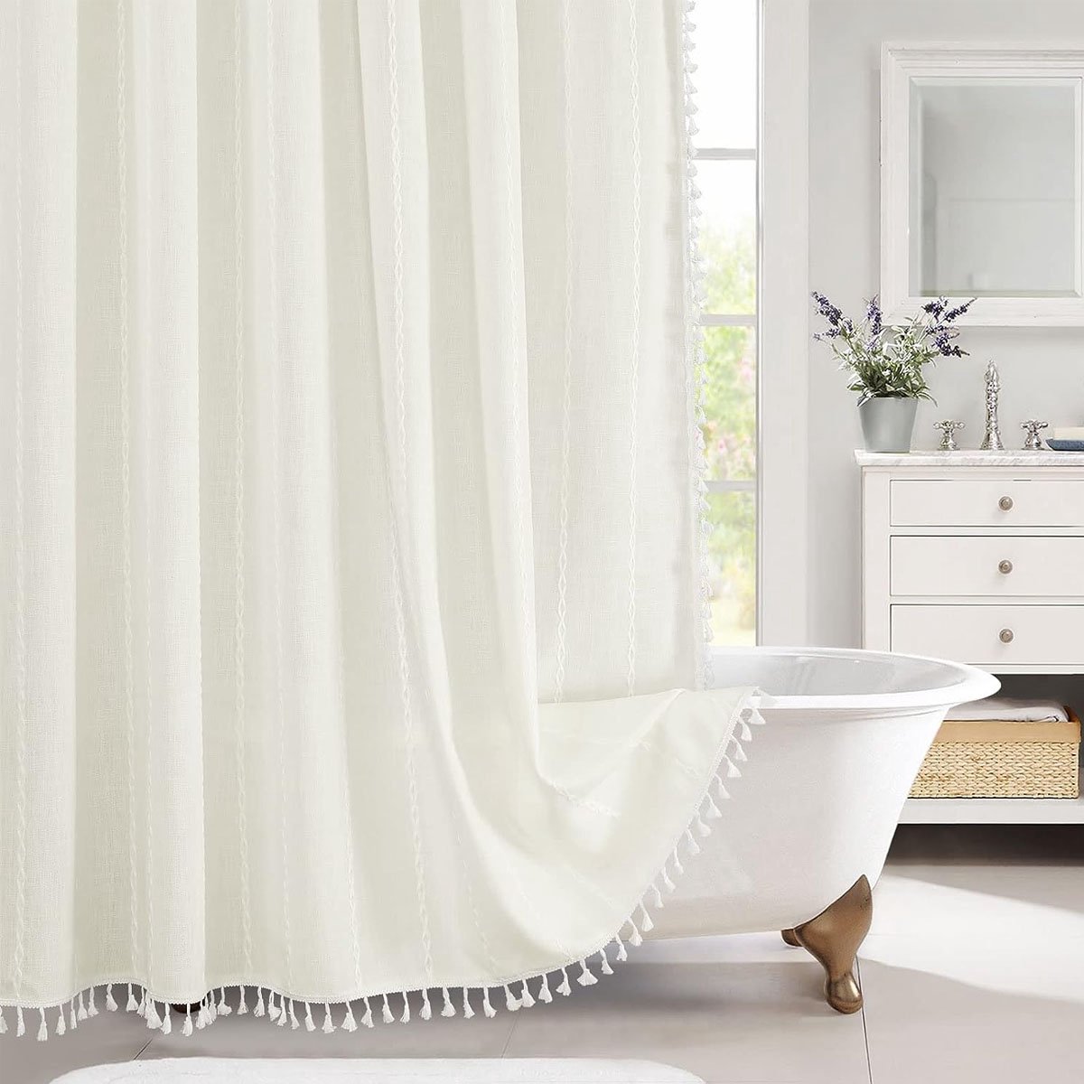 longziming Witte Douchegordijn 90x180 – Boho Farmhouse– Boho Chic – Polyester Linnen, Kwastjes – Chic Rustiek Badkamer