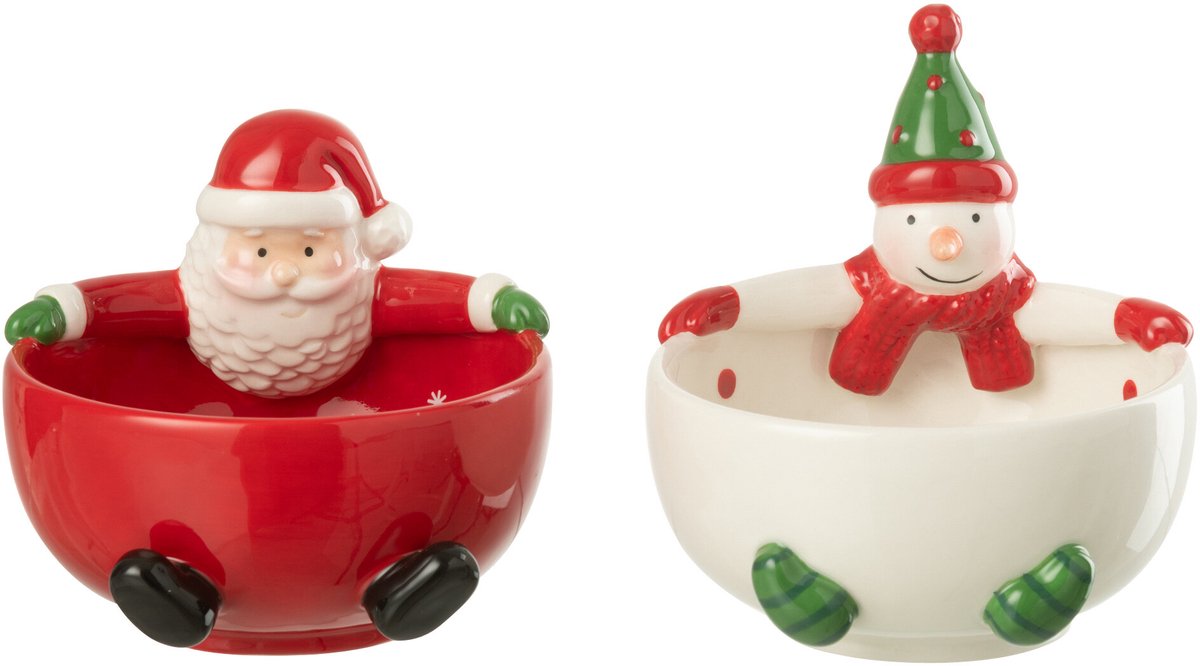 J-Line schaal Kerstman + Sneeuwpop Dolomiet - keramiek - mix - 2 stuks
