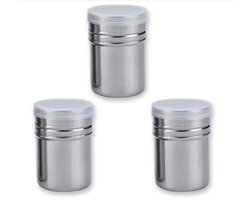 Cacaostrooier - 3 Stuks - Kruiden strooier - RVS - Met fijne zeef - Poedersuiker strooier - Kaneel strooier - Strooibus - Bloemsuiker strooier - Fijnmazig - Barista Tools - Voor zoutvaatje, koffie, suiker, zout, cacao, meel - 6.5 x 8 cm - Zilver