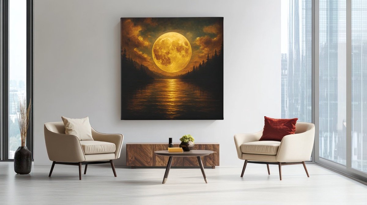 Trendex Global Vierkant Canvas Schilderij - Volle maan - 60x60x2 cm Bruin