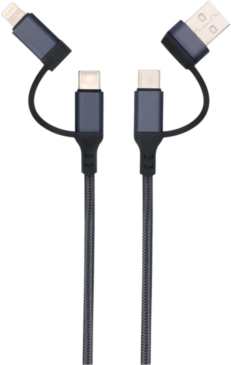 3-in-1 USB Kabel – 1 meter – Snelladen & Dataoverdracht – USB naar USB-C / Lightning – Nylon Gevlochten – Zwart - oplaadkabel Telefoon