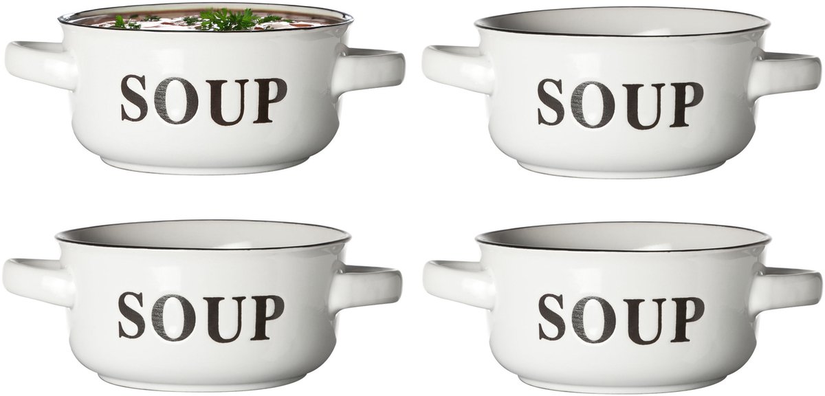 Cosy & Trendy Soepkommen Classic - wit - 4x stuks - 14 x 7 cm - keramiek - soepkommetjes - 470 ml