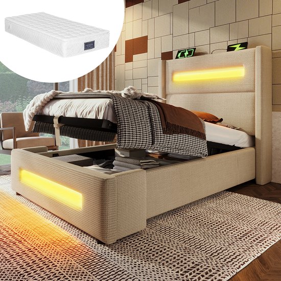 Beige Gestoffeerd Bed 90×200 cm met Lattenbodem en Opbergladen