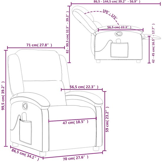 Technische tekening van de vinrode fauteuil met afmetingen in cm.
